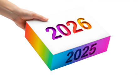 Hand holds rainbow cube with “2026” — vibrant symbol of progress and new beginnings.