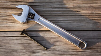 misuse. Wrench with a dented jaw resting beside a bent nail on a wooden surface under soft side lighting. safety posters.