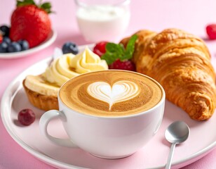 Elegant breakfast with coffee, pastry, fruits, and cream on a pink plate