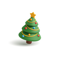 3D minimalistic icon of Christmas tree with decorations on white isolated background. Star, garlands, layers. For Christmas, winter holidays concepts. Vector illustration.