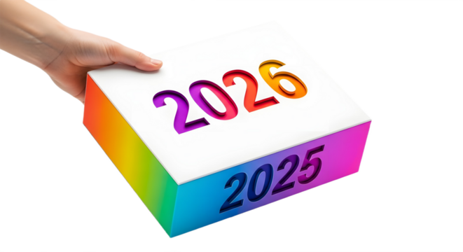 Hand holds rainbow cube with “2026” — vibrant symbol of progress and new beginnings.