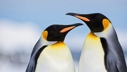 Fototapeta premium Closeup of two king penguins standing side by side against a blurred background of blue and white, showcasing their vibrant yellow and black plumage in detail