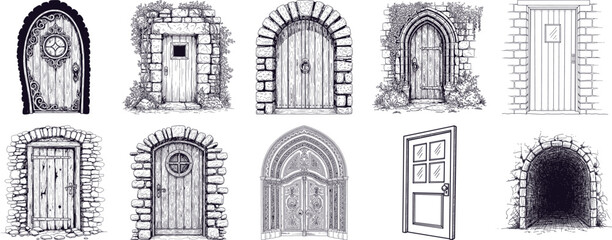 Hand drawn collection of old rustic doors with stone archways depicting mystical entrances