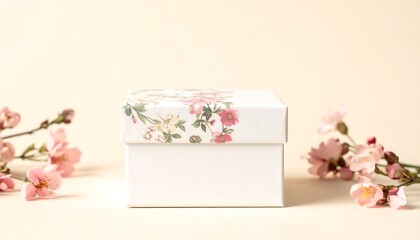 Gift box sits with floral accent against a plain background. Useful for marketing, web design, blog posts, or social media.
