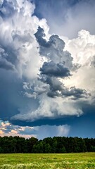 Dramatic vertical shot of storm clouds over a green field and trees