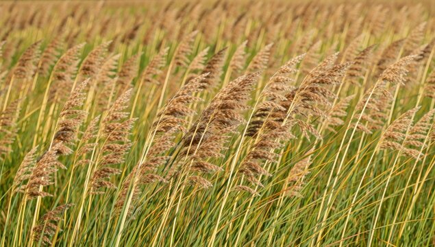 Golden wheat field swaying gently in the breeze, creating a mesmerizing natural landscape with sunkissed stalks and a sense of tranquility and abundance