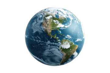 Realistic Earth globe showing North and South America continents from space planet cosmos, Png, Isolated on Transparent Background, Cut Out