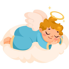 Cute Cartoon Angel Baby Sleeping Peacefully on a Fluffy Cloud Wearing a Blue Tunic with Golden Halo and Wings Detailed Pixel Art Illustration