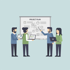 Business team collaborating on a project plan presentation.