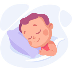 Cute Baby Boy Sleeping Peacefully on a Purple Pillow in a Cozy Bed with Soft White Bedding and Gentle Pastel Blue Background Simple Cartoon Illustration