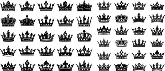 A collection of royal crowns and tiaras with various detailed embellishments, suitable for luxury branding elements