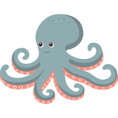 Cute Blue Octopus Character with Pink Suction Cups on Transparent Background