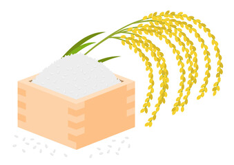 垂れた稲穂と升に盛られた米と溢れた米粒のイメージイラスト
