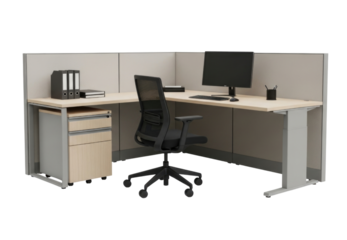 Modern office cubicle with computer and chair transparent background cutout png