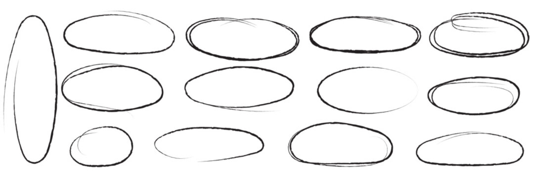 Hand drawn red crayon ovals and circles. Ellipses pencil doodle style set. Red round rough thin frames. Round freehand shapes, emphasis highlights. Vector elements for hand drawn diagrams 