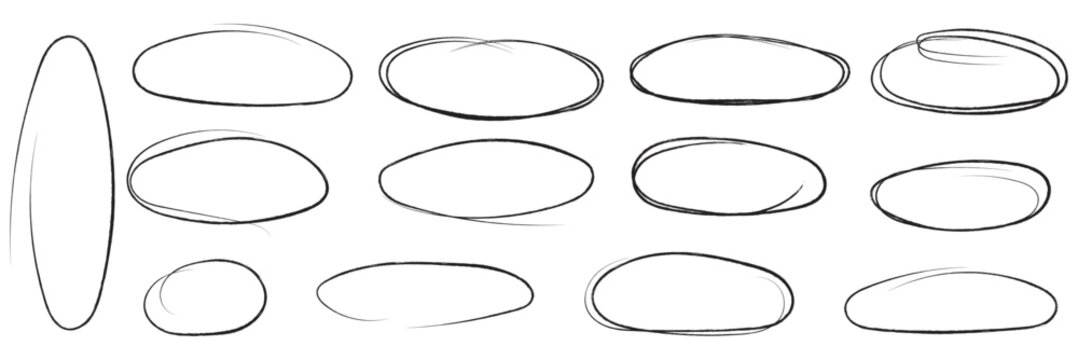 Hand drawn red crayon ovals and circles. Ellipses pencil doodle style set. Red round rough thin frames. Round freehand shapes, emphasis highlights. Vector elements for hand drawn diagrams 