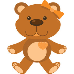 Cute Brown Teddy Bear With Orange Bow And Heart Embellishment Sitting Playful Adorable Toy Character Graphic Illustration
