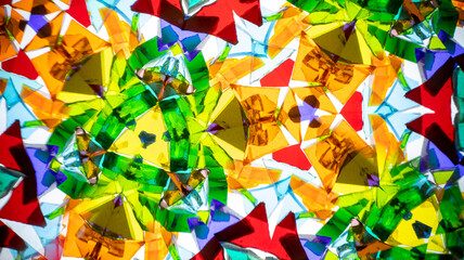 Stunning macro photograph of a natural kaleidoscope pattern, showcasing vibrant colored glass and...