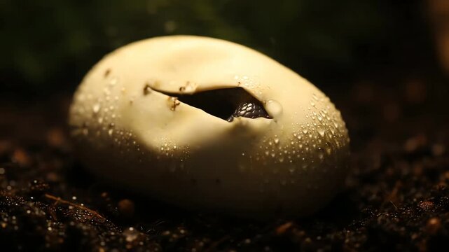 Cracked Reptile Egg on Dark Soil Closeup - Hatching Soon