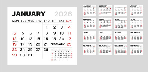 A complete annual calendar for the year 2026, featuring a simple and clean monthly grid layout. The week begins on Monday, ideal for planning and organization