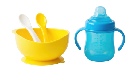Baby feeding set with bowl and bottle transparent background cutout png