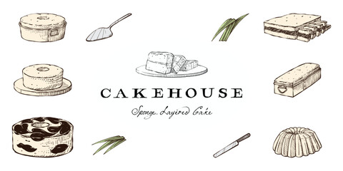 Classic layered sponge cake logo. Illustration of cake collection set element hand drawn vintage for poster, content, promotion, menu, banner, and sticker brand identity