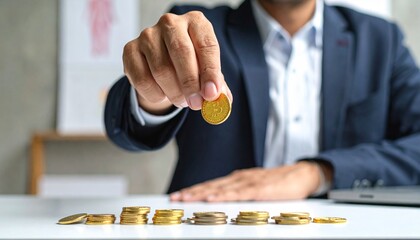 Businessman in a suit placing a gold coin on a stack of coins at a desk with a laptop image photo