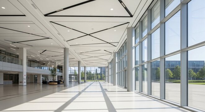 Modern office building interior with large windows and light
