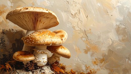 Close-up of Large Amanita Mushroom with Gills and Smaller Fungi on Textured Background fungus toadstool