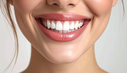 Close-up of woman's mouth with perfect white teeth and glossy pink lips smiling smile