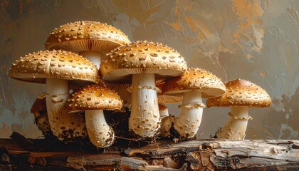 Cluster of Amanita Muscaria Mushrooms with Orange Caps and White Stems on a Log fungus fungi