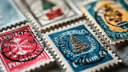 A collection of Christmas-themed stamps and greeting cards for holiday celebrations.