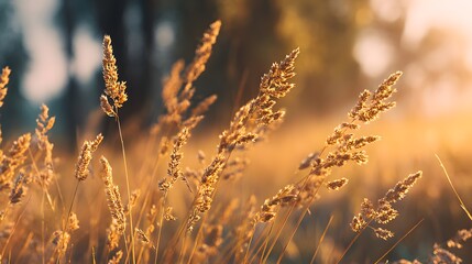 Fototapeta premium Sunlight illuminates dried grass seed heads during a golden hour field scene