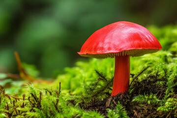 A deep red-capped mushroom standing out against emerald-green moss