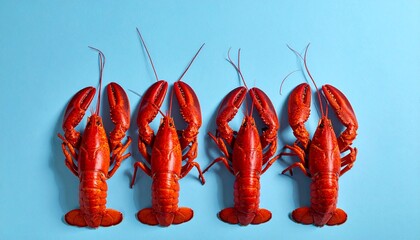 Four Cooked Red Lobsters Lined Up in a Row on a Bright Blue Background seafood crustacean