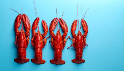 Four Cooked Red Lobsters Arranged in a Line on a Bright Blue Surface seafood crustacean