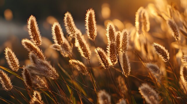 Fluffy wild grass seed heads glow golden in the warm afternoon sunlight