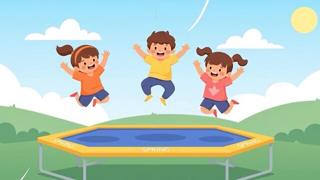 Happy Kids Jumping on Trampoline in Sunny Park.