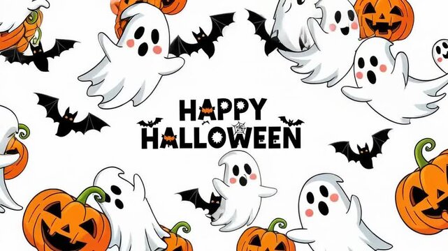 Get ready for a spooktacular Halloween party with flying bats, cute ghosts, and smiling pumpkins in this animated video, perfect for festive invitations or social media promotions