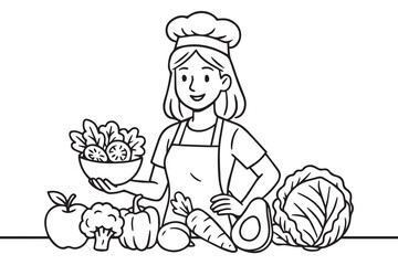 Black and white vector of a smiling young woman chef preparing fresh produce, mixing fruits and vegetables, symbolizing healthy cuisine and balance through modern minimal art.