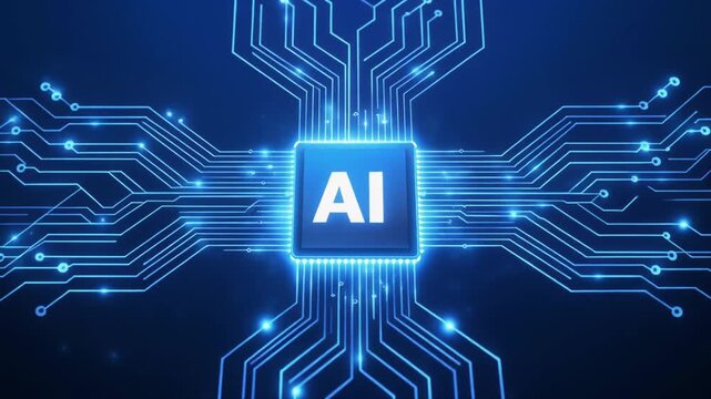 AI chip with abstract circuit board on technology blue background. Light semiconductor in the center of tech bg. Digital video illustration. Processor or microchip with Artificial Intelligence icon. 