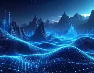 Futuristic landscape of glowing blue lines and towering peaks at night