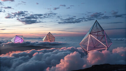 3d rendering of geometric shapes in the clouds. Futuristic background
