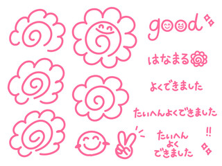 手書きの可愛いピンク色のはなまると文字のセット