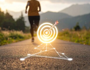 Silhouette of a person running towards a glowing target icon on a road at sunset goal
