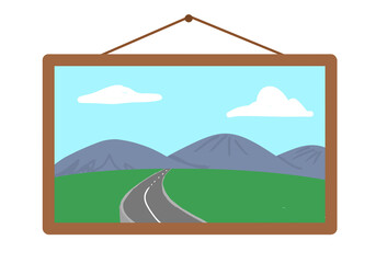 Fototapeta premium Framed Landscape Painting of Winding Road through Green Hills and Mountains