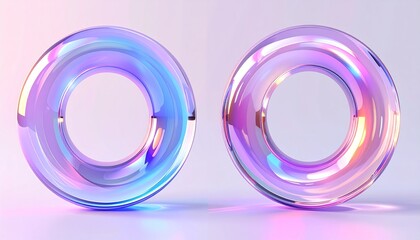 Two iridescent glass torus shapes with colorful reflections and soft lighting on a light background ring