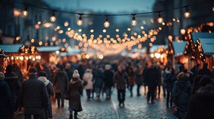 A cozy outdoor Christmas market illuminated with warm lights during the festive season.
