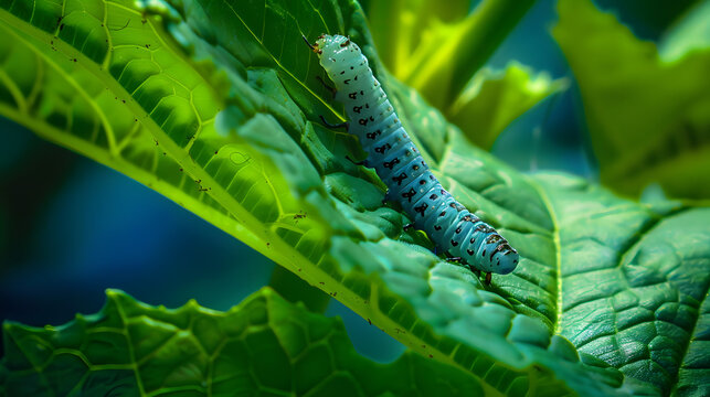 Blue caterpillar on green leaf