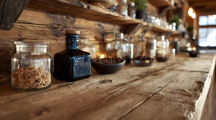 Assortment of glass jars and bottles rests on a rough hewn wooden counter in a rustic setting